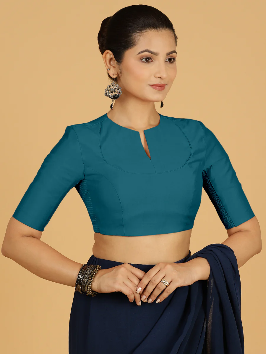 Karishma x Rozaana | Elbow Sleeves Saree Blouse in Crystal Teal - Image 8