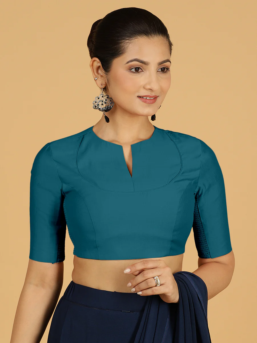 Karishma x Rozaana | Elbow Sleeves Saree Blouse in Crystal Teal - Image 9