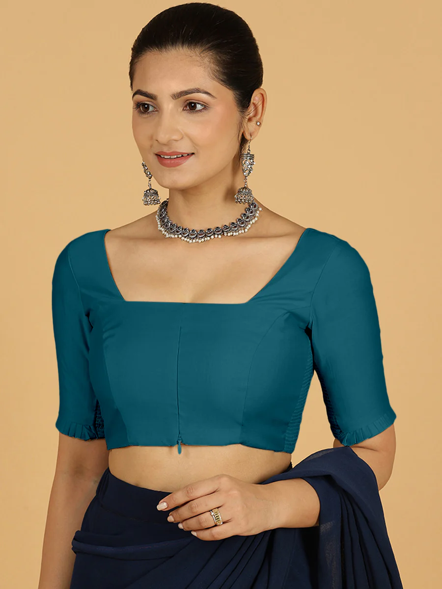 Nihira x Rozaana | Elbow Sleeves Saree Blouse in Crystal Teal - Image 11