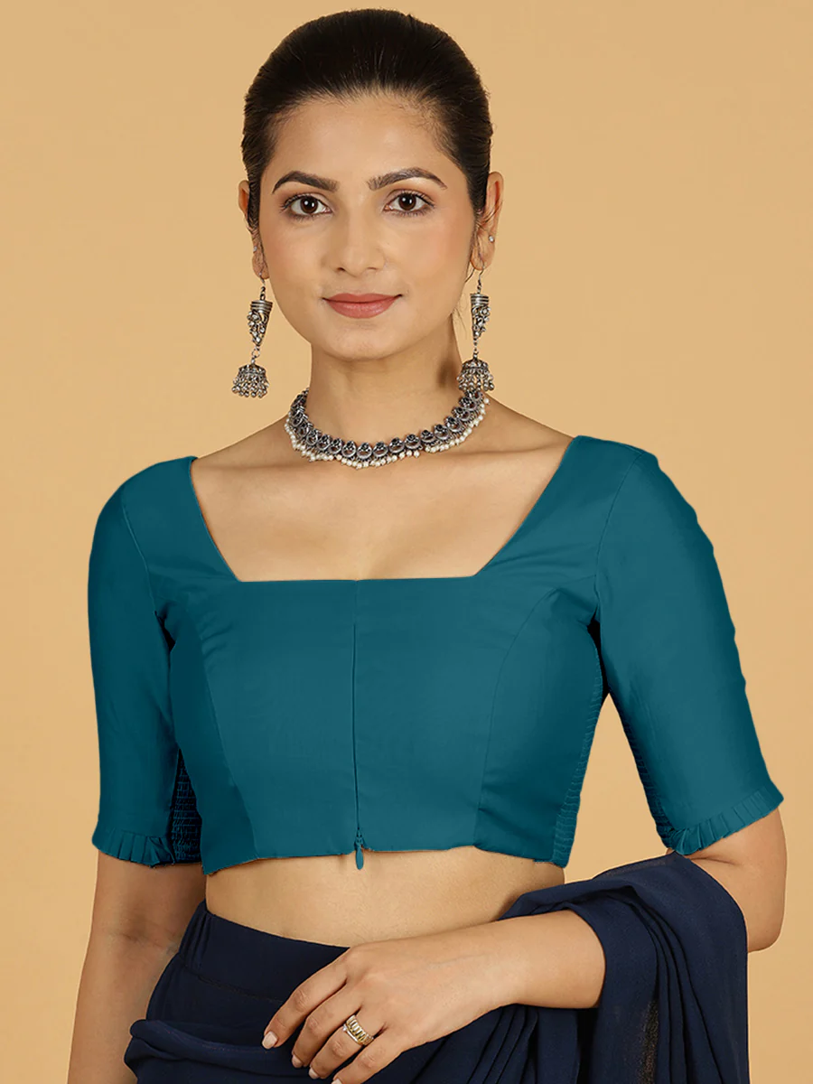 Nihira x Rozaana | Elbow Sleeves Saree Blouse in Crystal Teal - Image 12