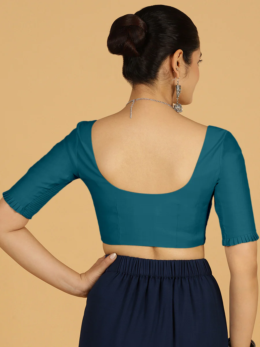 Nihira x Rozaana | Elbow Sleeves Saree Blouse in Crystal Teal - Image 2