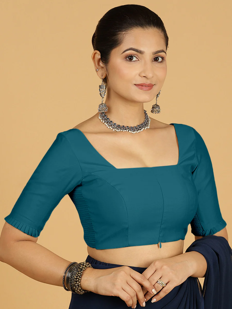Nihira x Rozaana | Elbow Sleeves Saree Blouse in Crystal Teal - Image 7