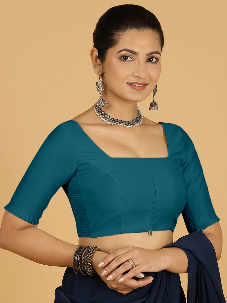 Nihira x Rozaana | Elbow Sleeves Saree Blouse in Crystal Teal - Image 9