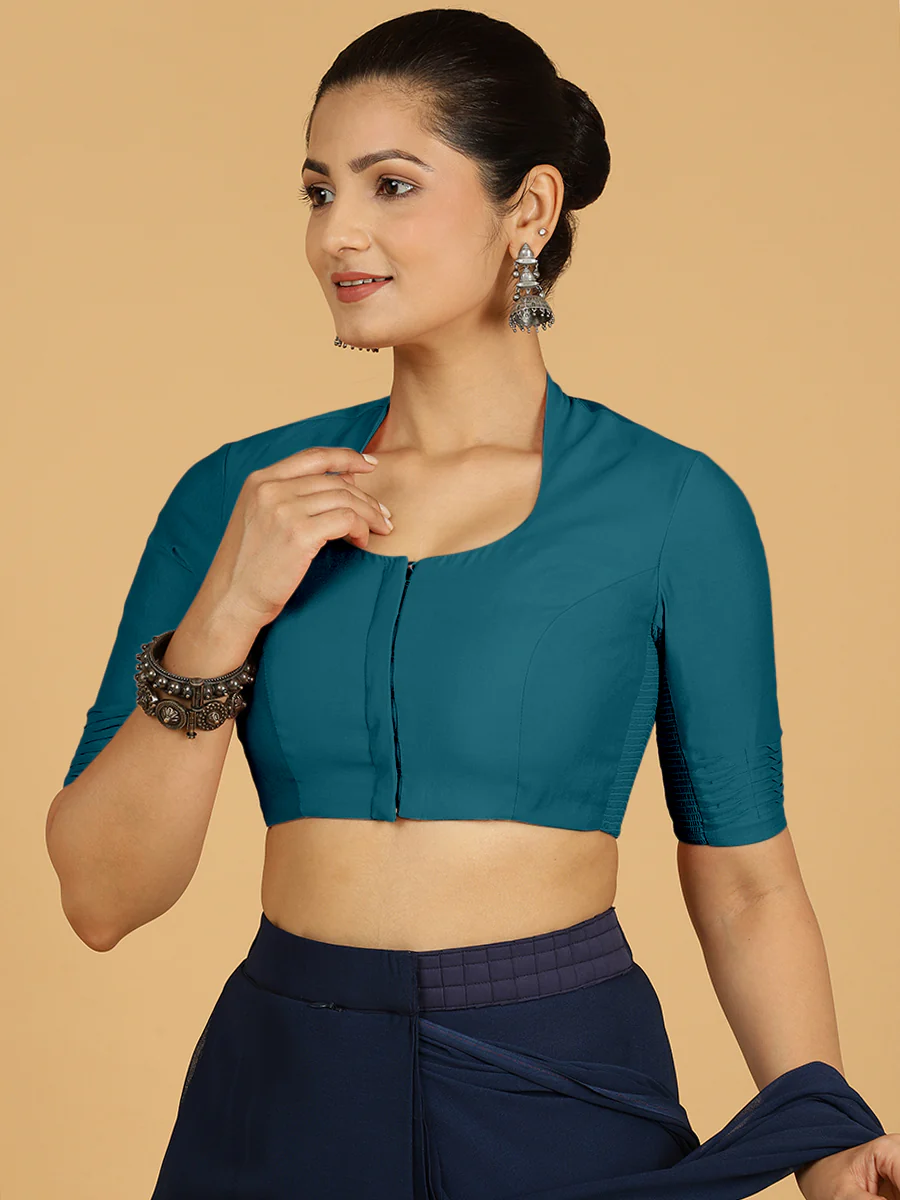 Salma x Rozaana | Elbow Sleeves Saree Blouse in Crystal Teal - Image 6