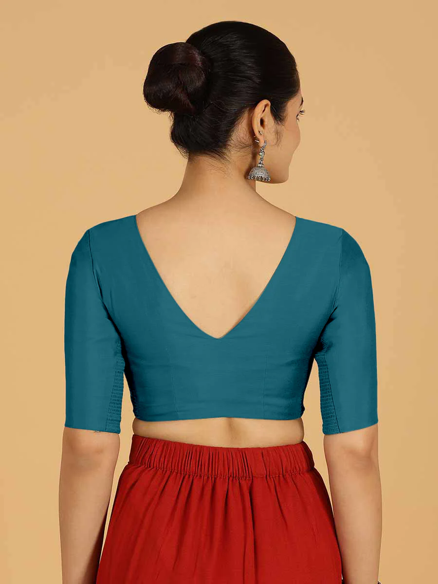 Shabana x Rozaana | Elbow Sleeves Saree Blouse in Crystal Teal - Image 2