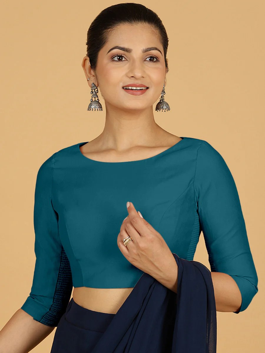 Tamanna x Rozaana | Three Quarter Sleeves Saree Blouse in Crystal Teal - Image 10