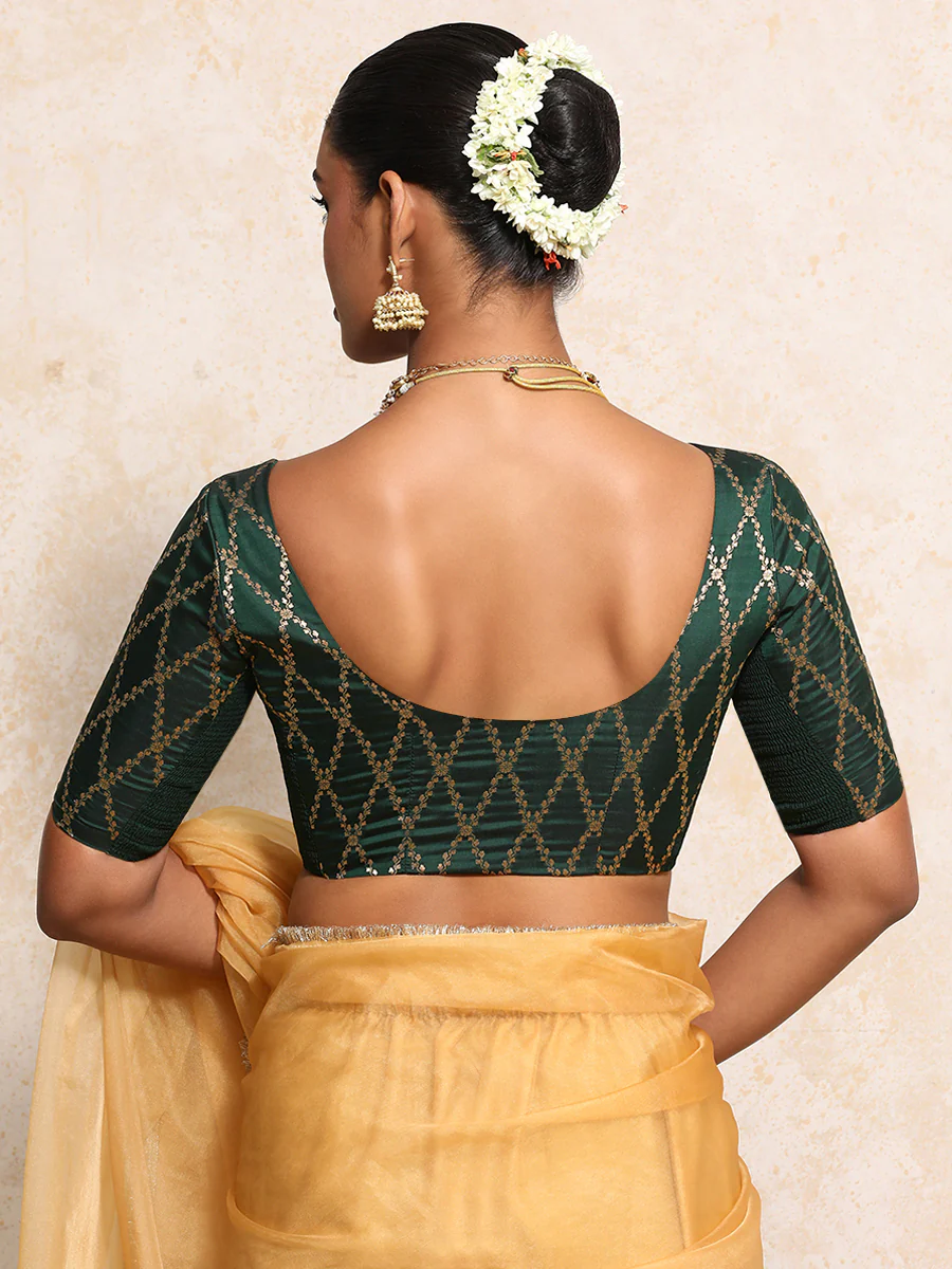 Kumkum x Tyohaar | Elbow Sleeves Saree Blouse in Dark Green Vine Mesh Brocade - Image 2
