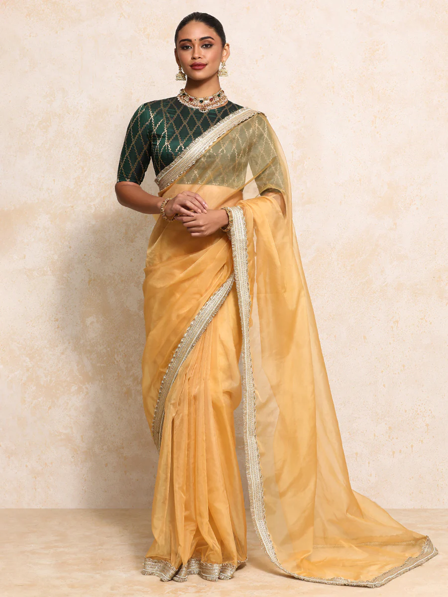 Reena x Tyohaar | Elbow Sleeves Saree Blouse in Dark Green Vine Mesh Brocade - Image 20