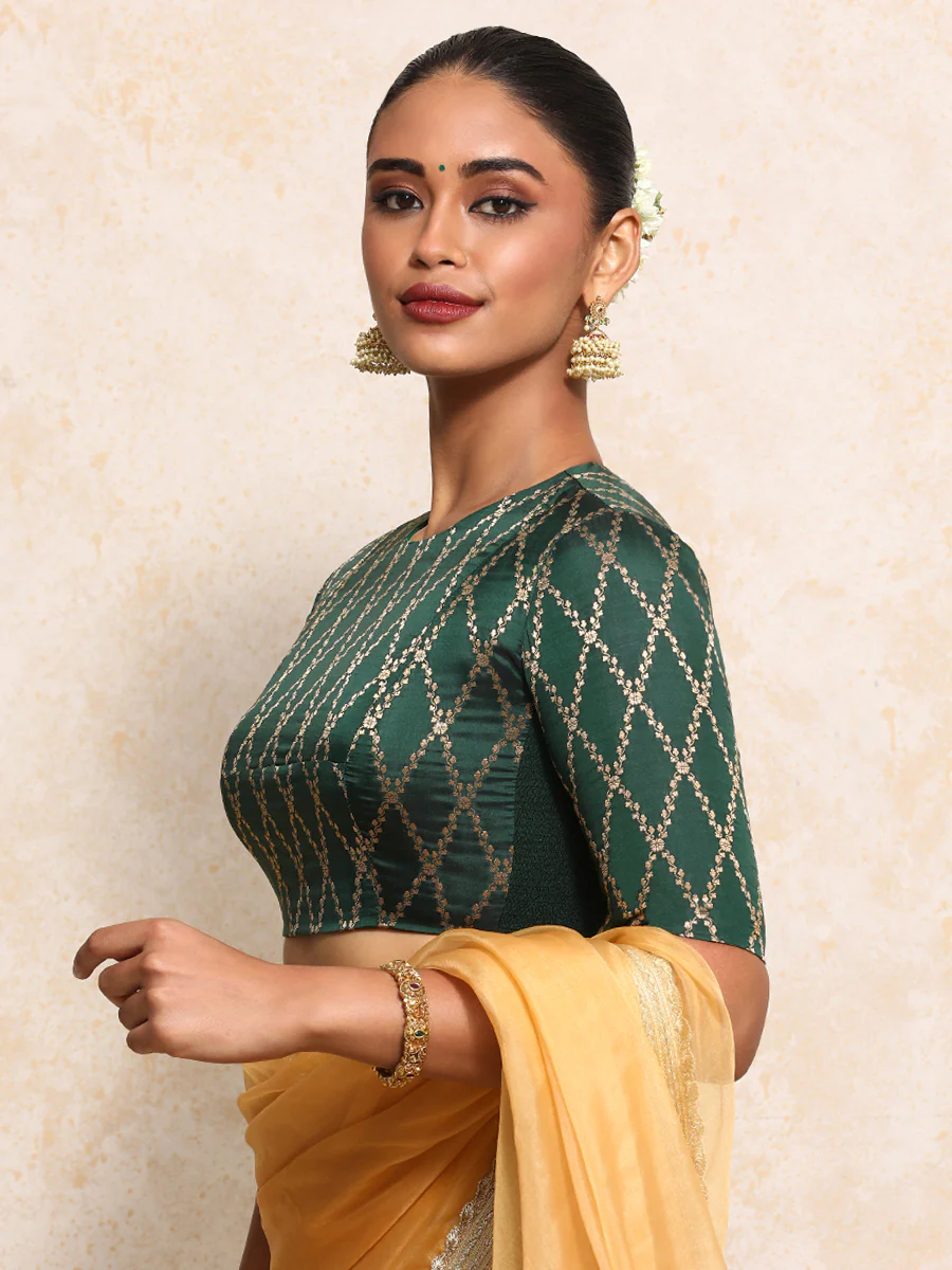 Reena x Tyohaar | Elbow Sleeves Saree Blouse in Dark Green Vine Mesh Brocade - Image 7