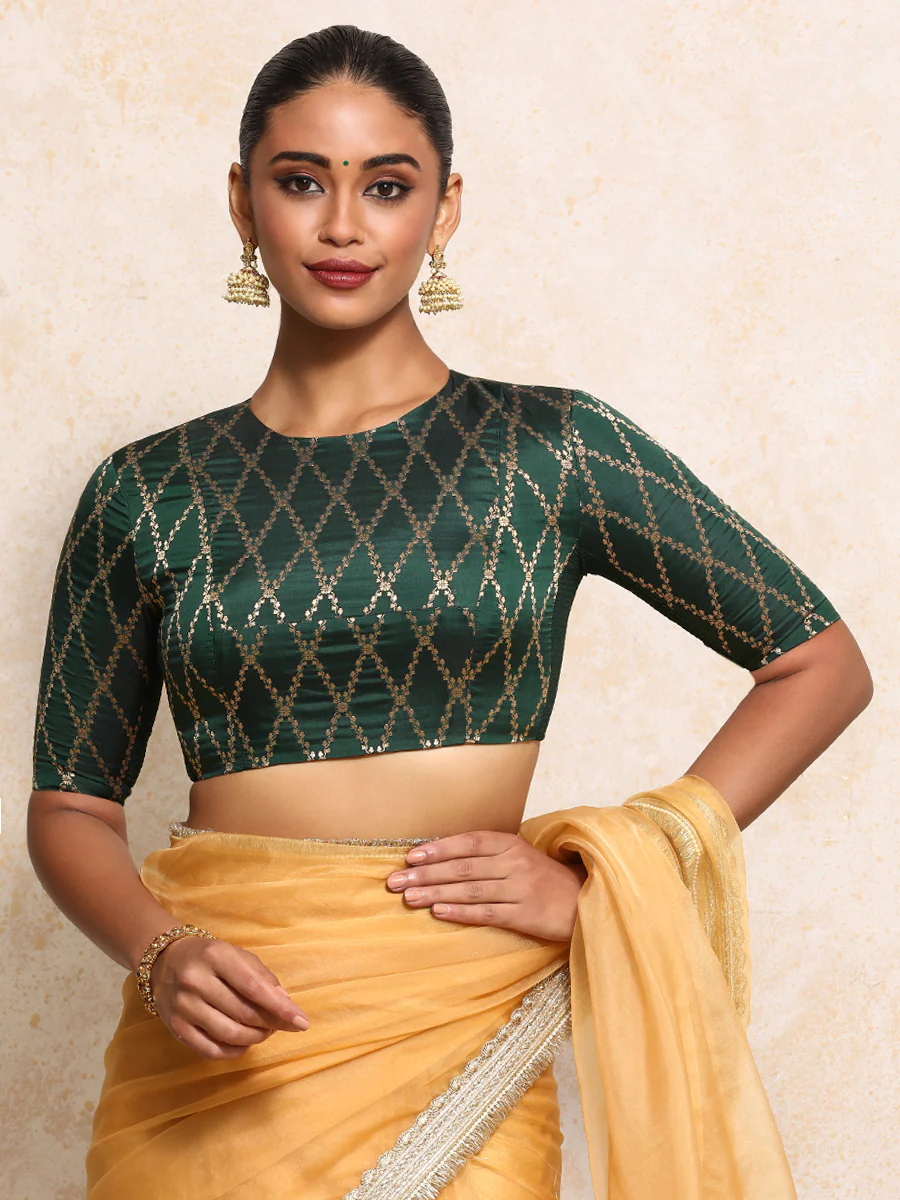 Reena x Tyohaar | Elbow Sleeves Saree Blouse in Dark Green Vine Mesh Brocade - Image 9