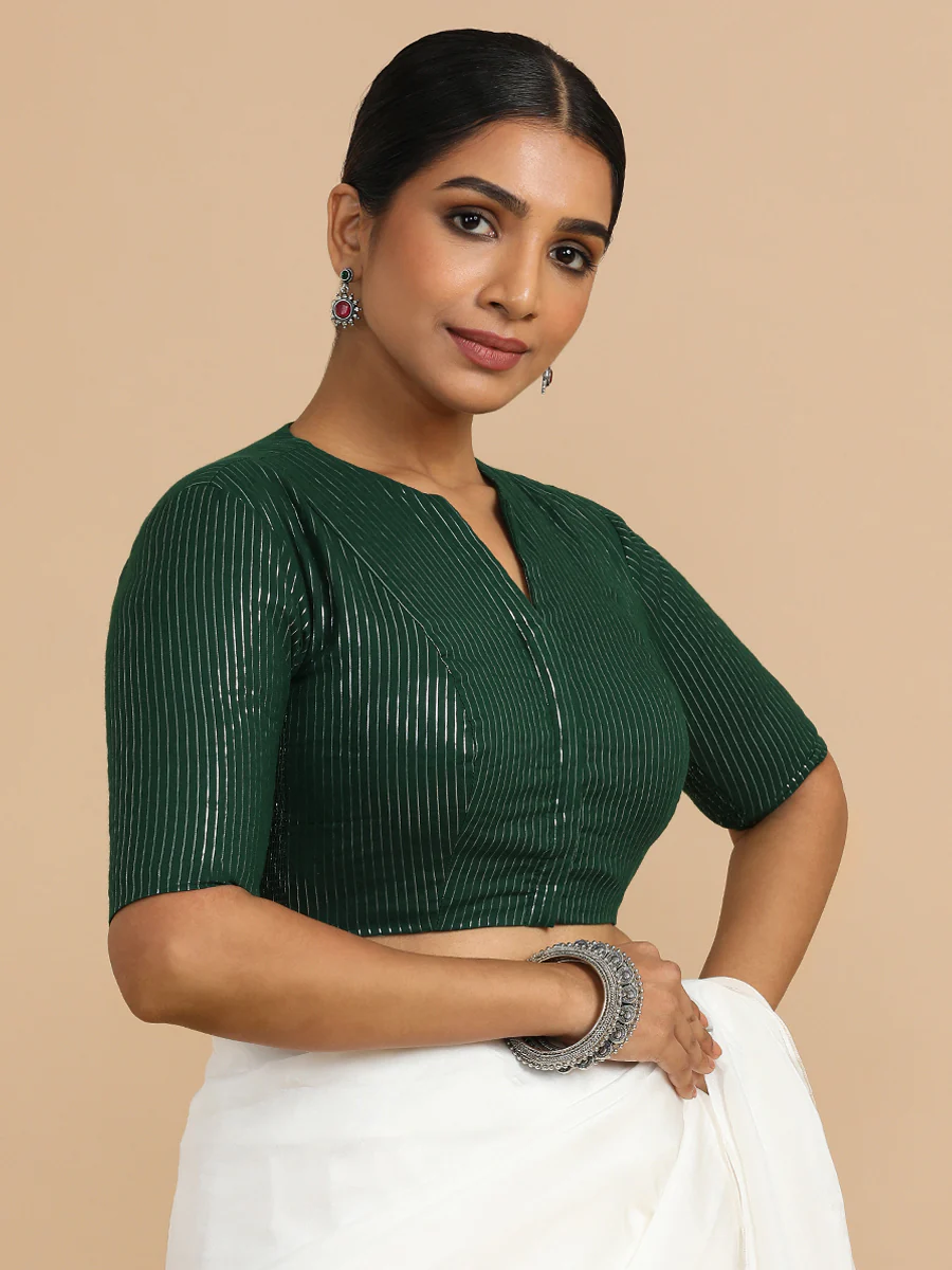 Kaveri x Rozaana | Elbow Sleeves Saree Blouse in Dark Green Silver Stripe Cotton - Image 10