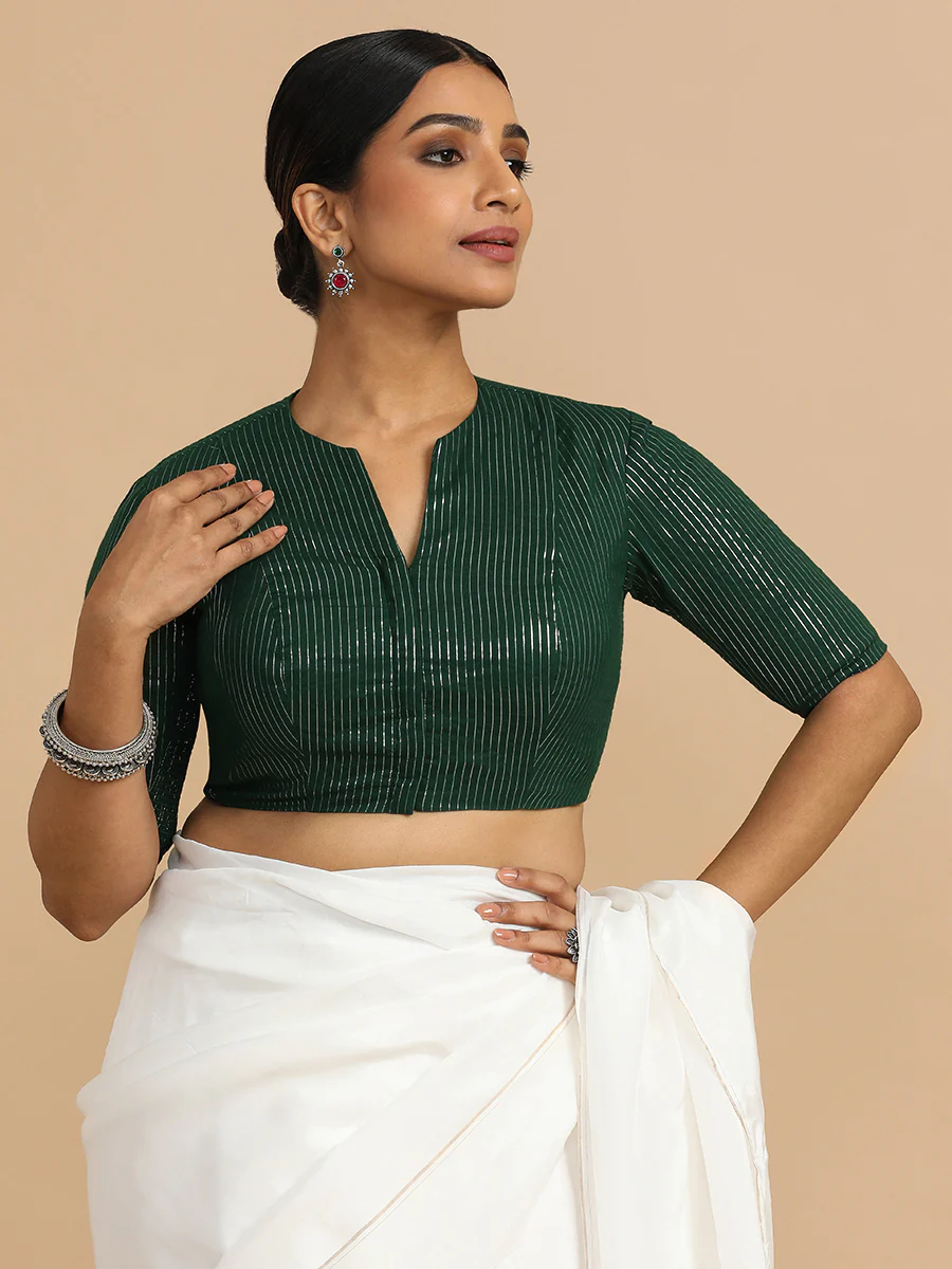 Kaveri x Rozaana | Elbow Sleeves Saree Blouse in Dark Green Silver Stripe Cotton - Image 14