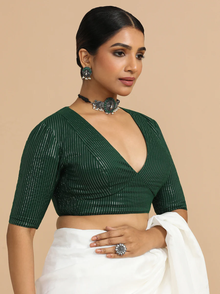 Natasha x Rozaana | Elbow Sleeves Saree Blouse in Dark Green Silver Stripe Cotton - Image 14