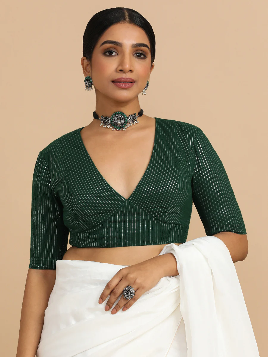 Natasha x Rozaana | Elbow Sleeves Saree Blouse in Dark Green Silver Stripe Cotton - Image 6