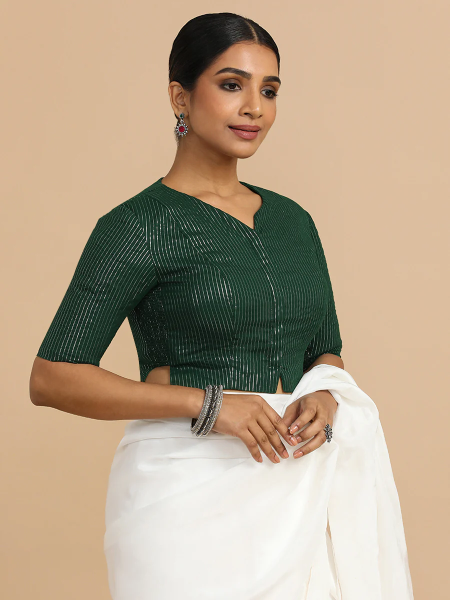 Rashi x Rozaana | Elbow Sleeves Saree Blouse in Dark Green Silver Stripe Cotton - Image 10