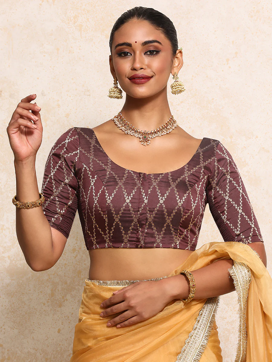 Kumkum x Tyohaar | Elbow Sleeves Saree Blouse in Deep Burgundy Vine Mesh Brocade - Image 14