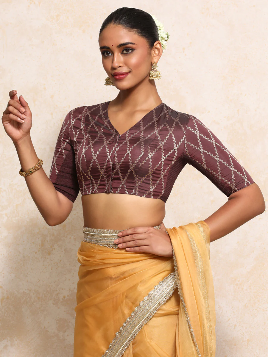 Manisha x Tyohaar | Elbow Sleeves Saree Blouse in Deep Burgundy Vine Mesh Brocade - Image 7