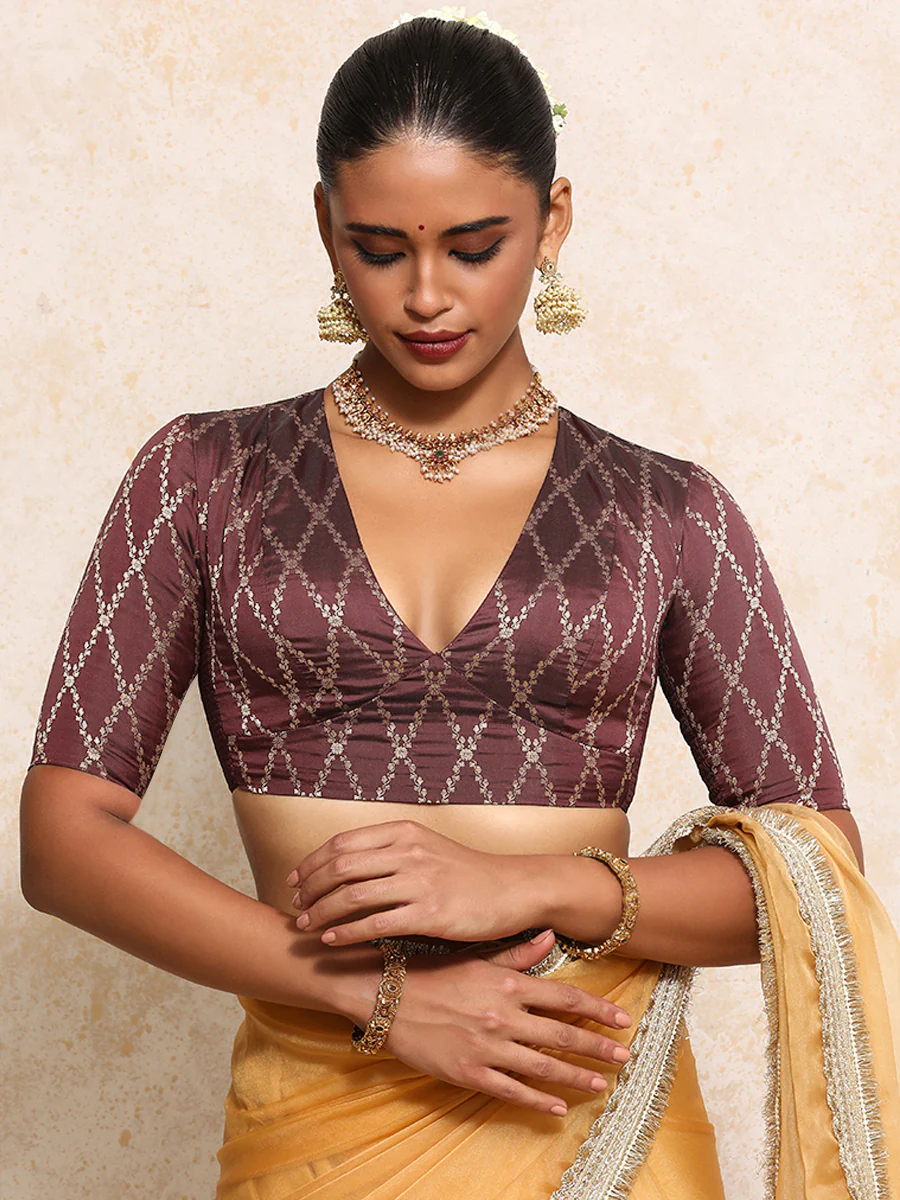 Rubani x Tyohaar | Elbow Sleeves Saree Blouse in Deep Burgundy Vine Mesh Brocade - Image 7