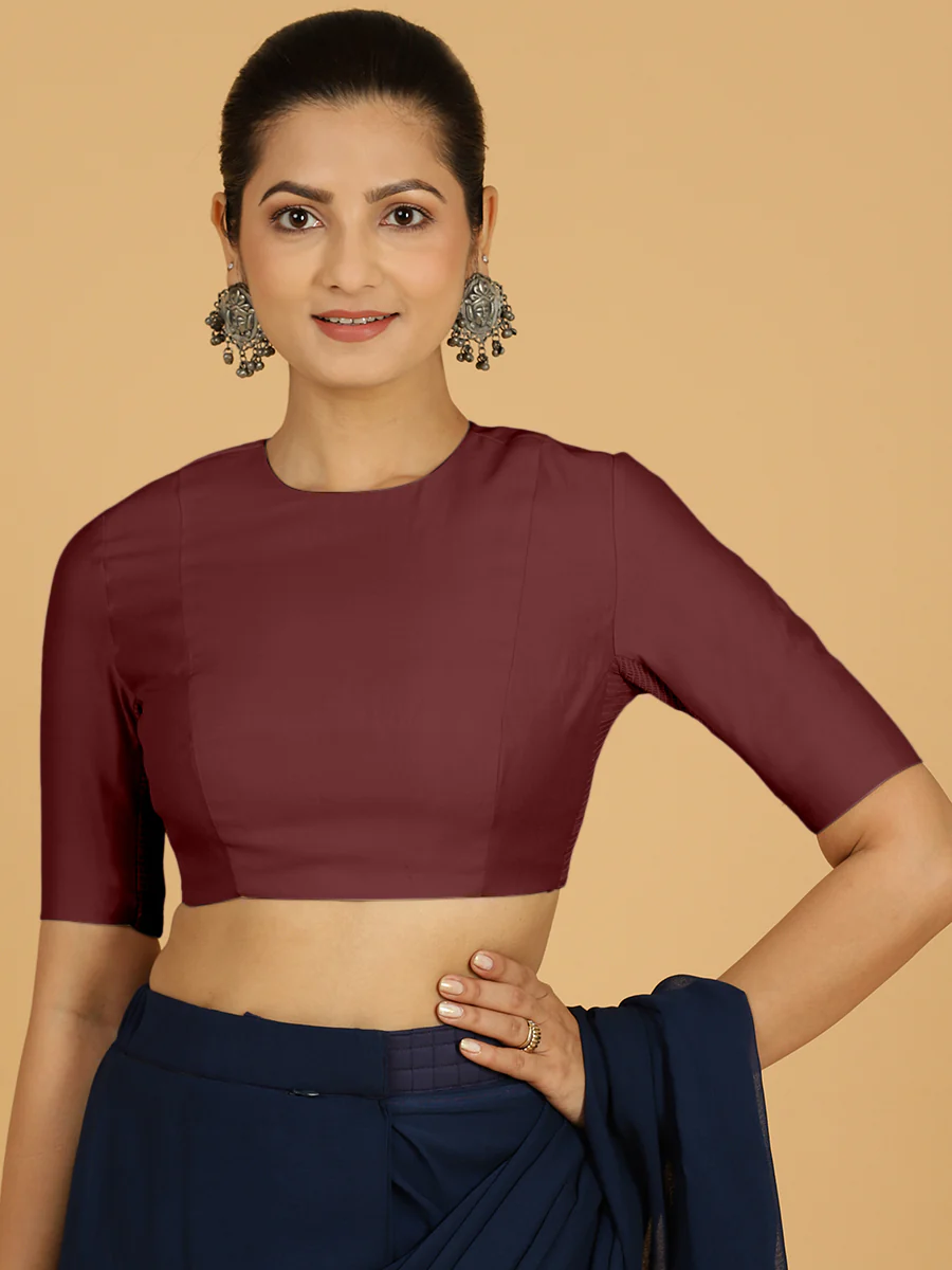 Amisha x Rozaana | Elbow Sleeves Saree Blouse in Deep Maroon - Image 9