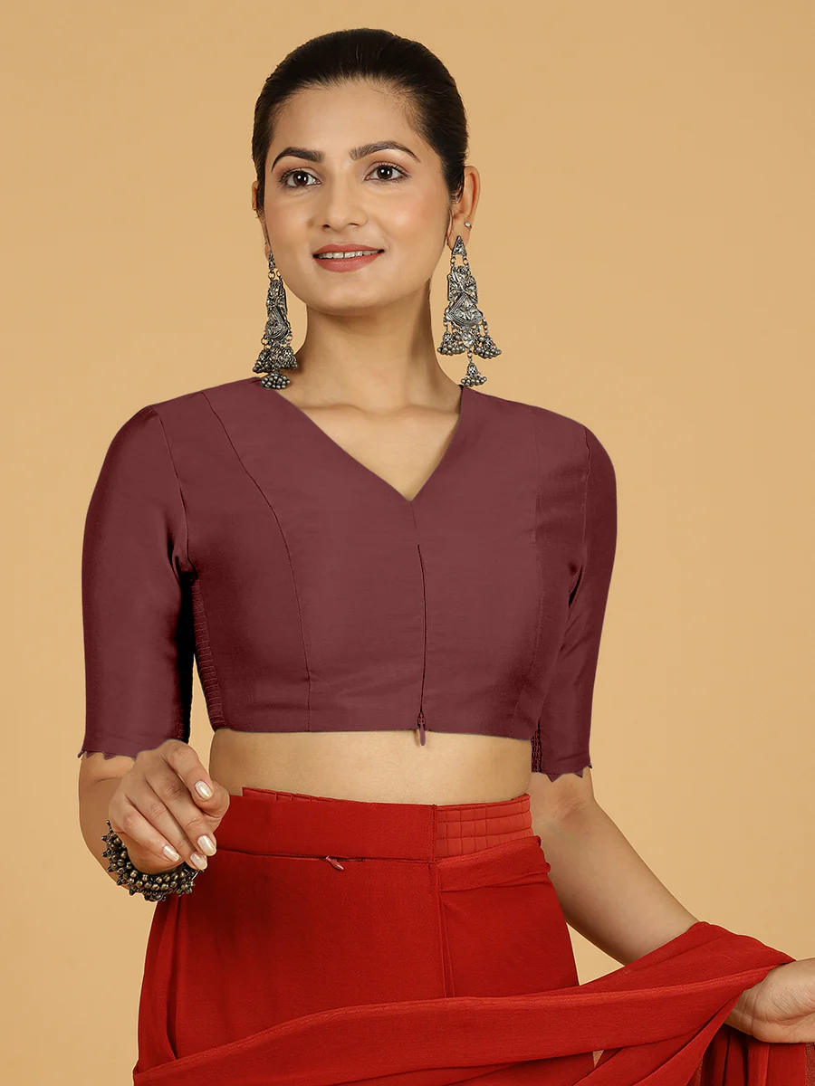 Divya x Rozaana | Elbow Sleeves Saree Blouse in Deep Maroon - Image 10