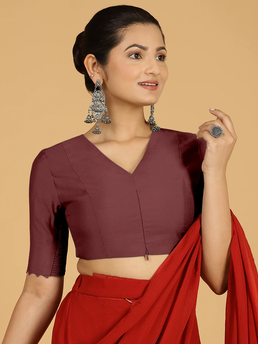 Divya x Rozaana | Elbow Sleeves Saree Blouse in Deep Maroon - Image 6