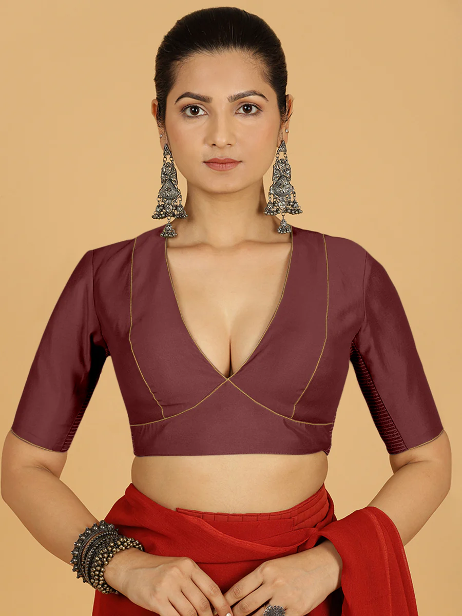 Ghazal x Rozaana | Elbow Sleeves Saree Blouse in Deep Maroon - Image 10
