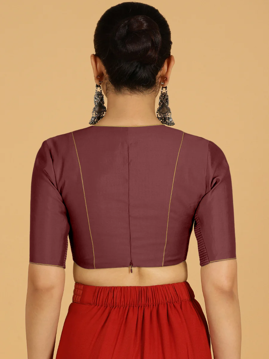 Ghazal x Rozaana | Elbow Sleeves Saree Blouse in Deep Maroon - Image 2
