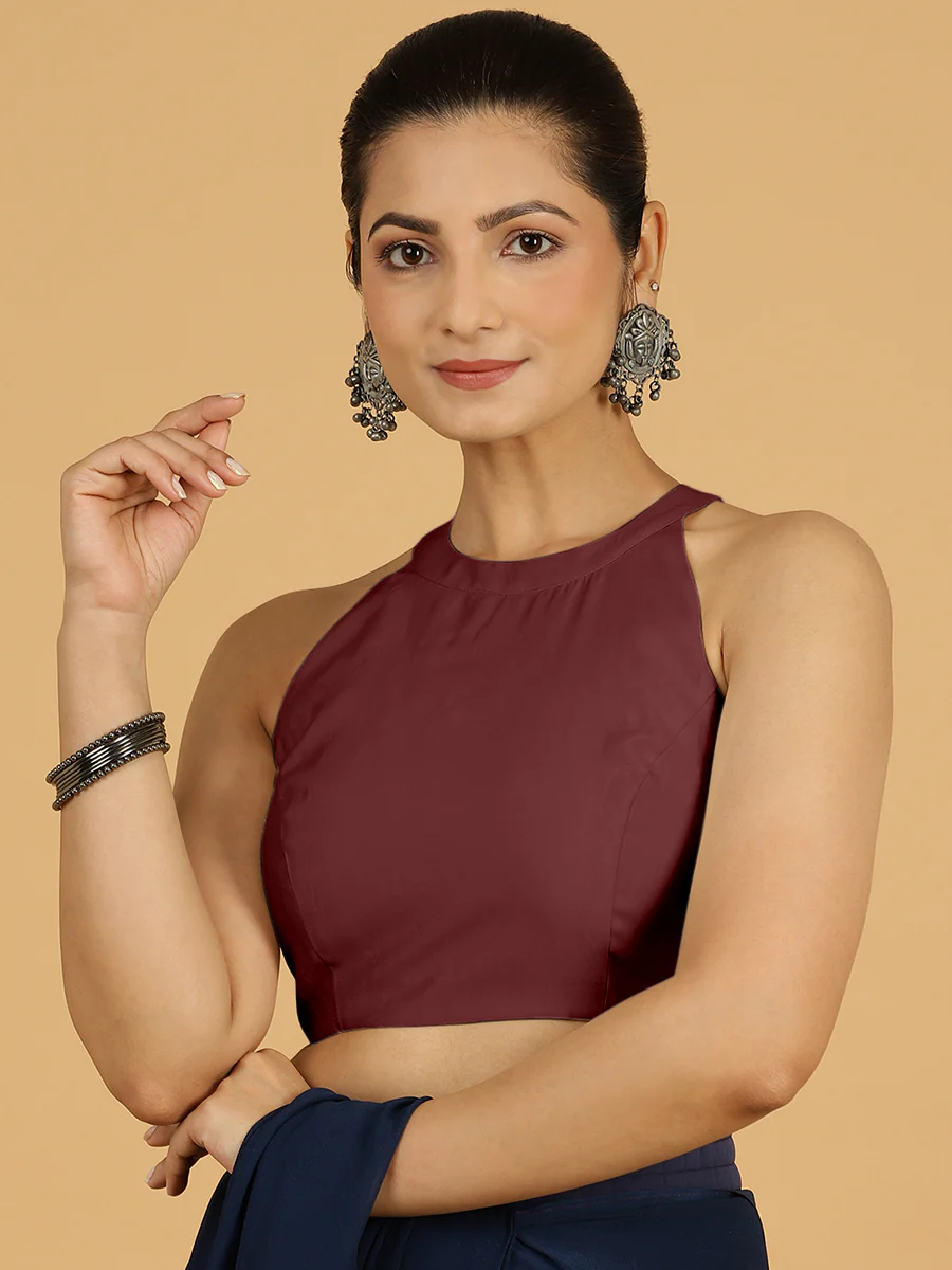 Zubeida x Rozaana | Deep Maroon Sleeveless Halter Neck Saree Blouse - Image 7