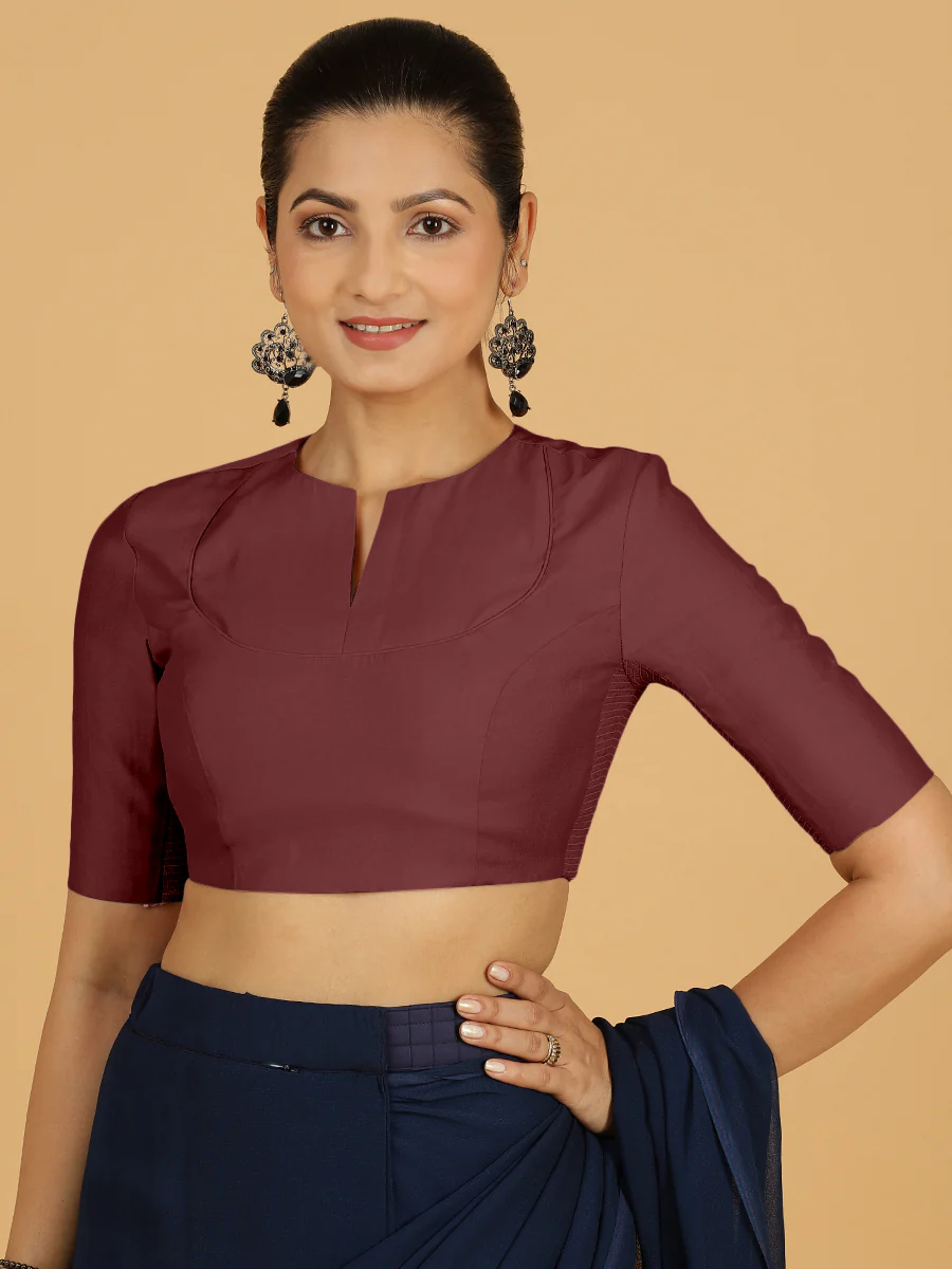 Karishma x Rozaana | Elbow Sleeves Saree Blouse in Deep Maroon - Image 10