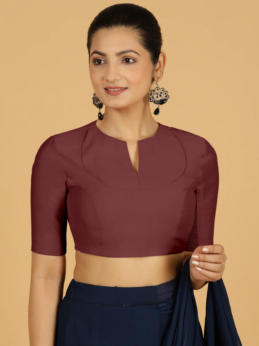 Karishma x Rozaana | Elbow Sleeves Saree Blouse in Deep Maroon - Image 11