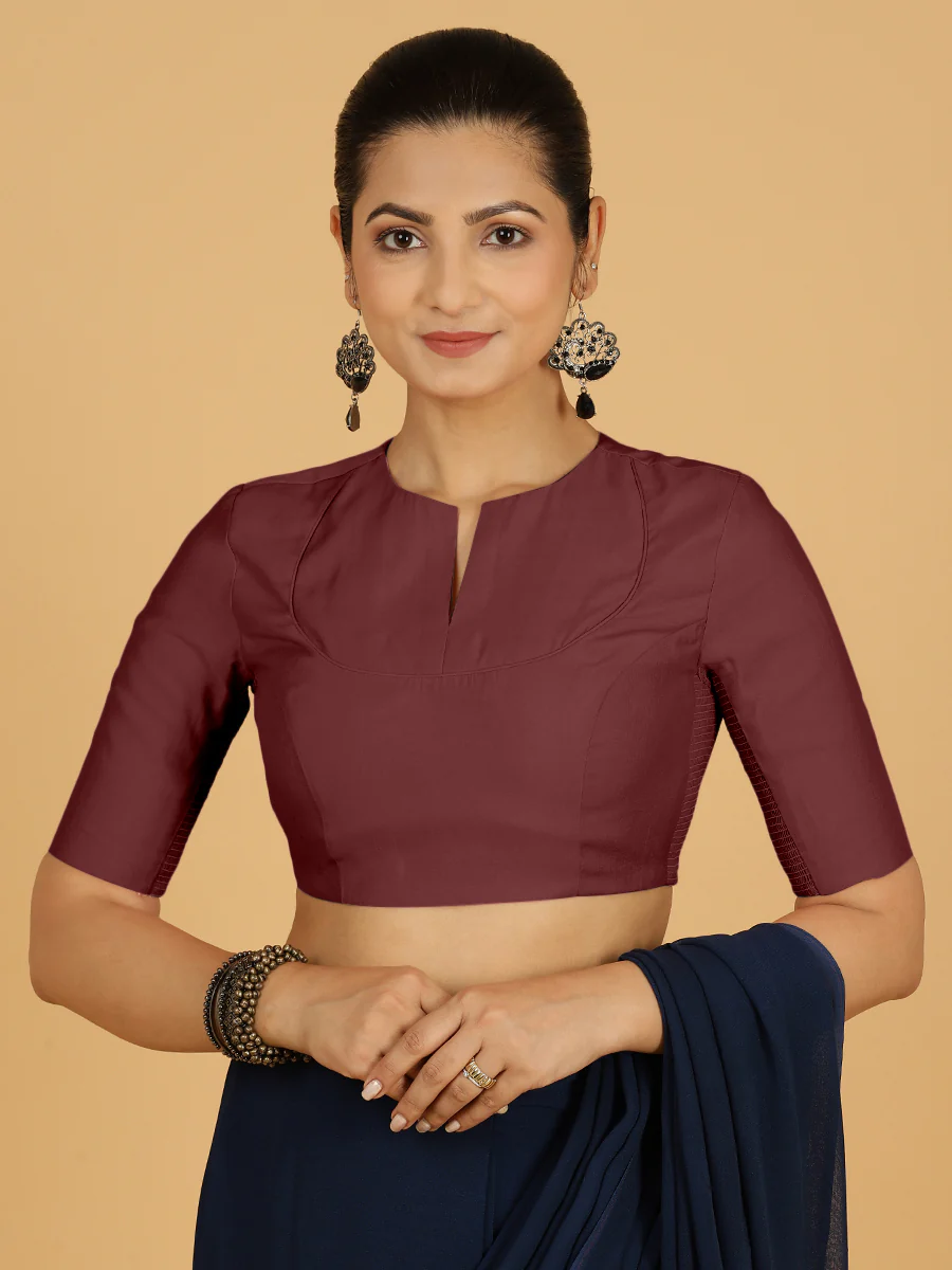 Karishma x Rozaana | Elbow Sleeves Saree Blouse in Deep Maroon - Image 12
