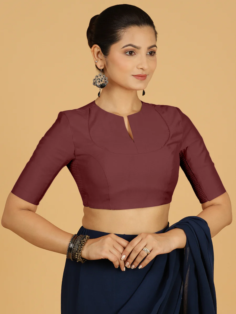 Karishma x Rozaana | Elbow Sleeves Saree Blouse in Deep Maroon - Image 7