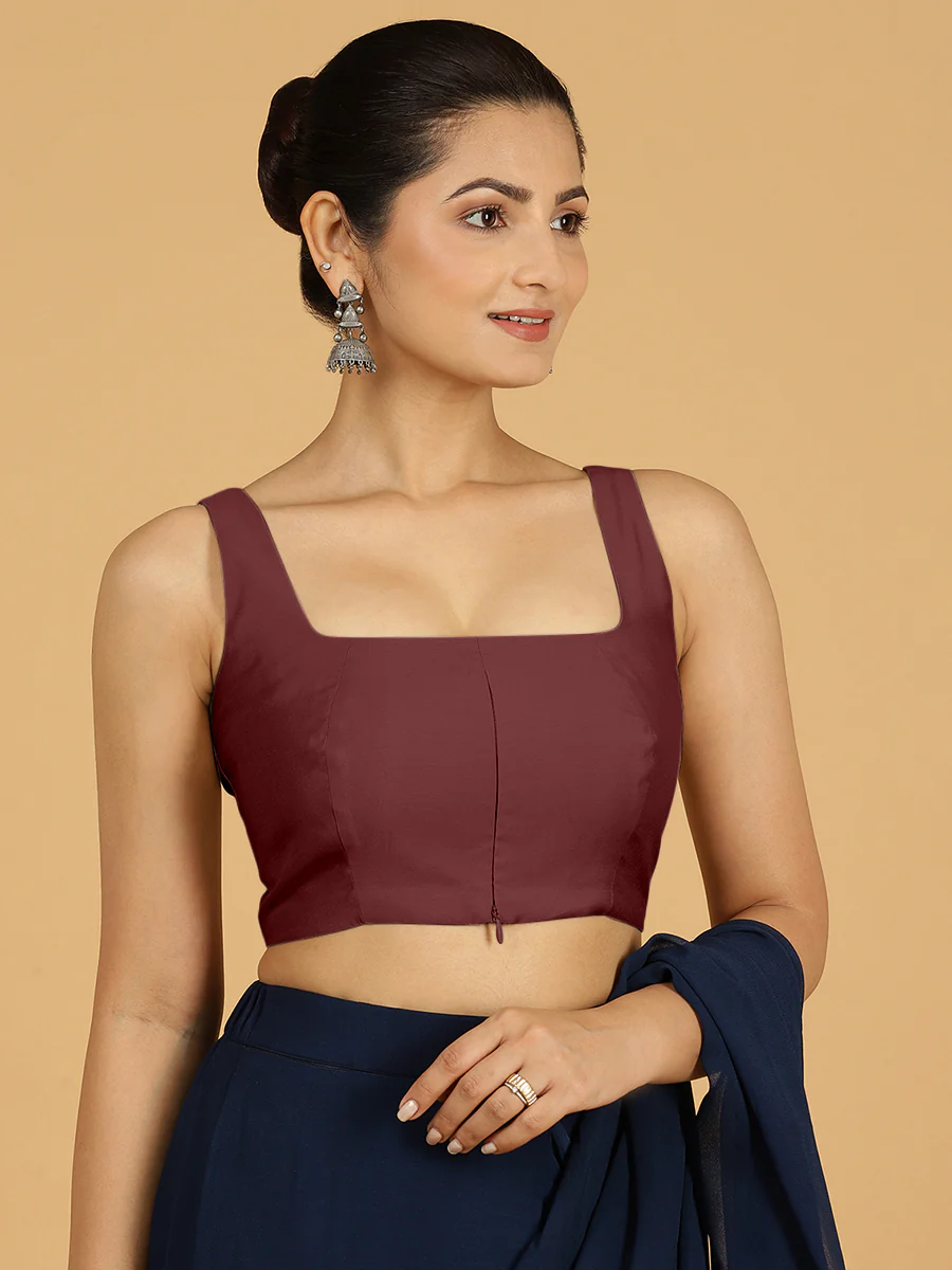 Kasturi x Rozaana | Sleeveless Saree Blouse in Deep Maroon - Image 10