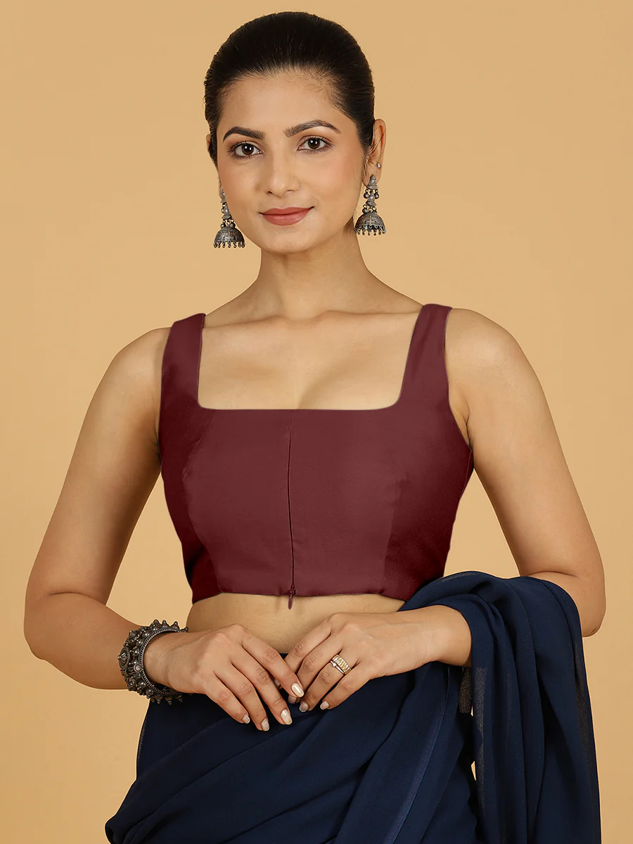 Kasturi x Rozaana | Sleeveless Saree Blouse in Deep Maroon - Image 11