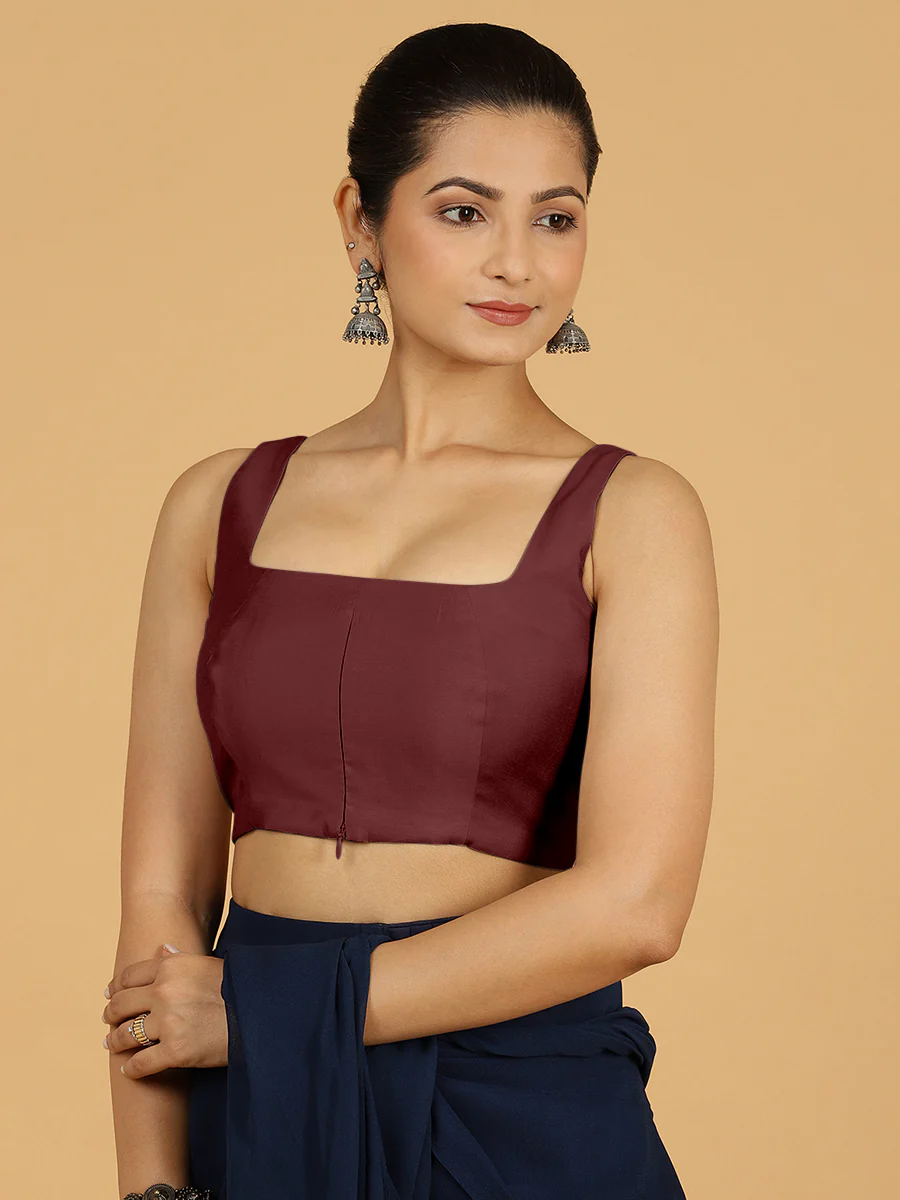 Kasturi x Rozaana | Sleeveless Saree Blouse in Deep Maroon - Image 6