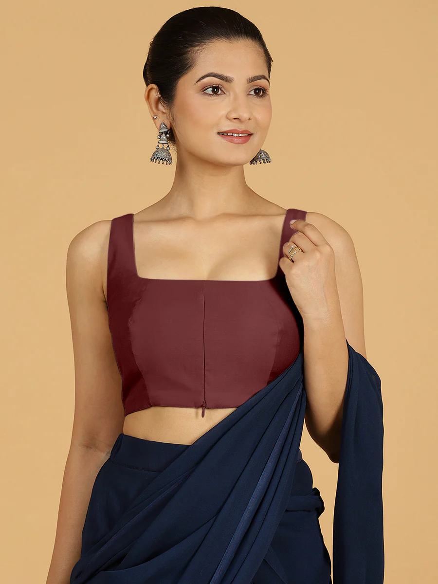 Kasturi x Rozaana | Sleeveless Saree Blouse in Deep Maroon - Image 8