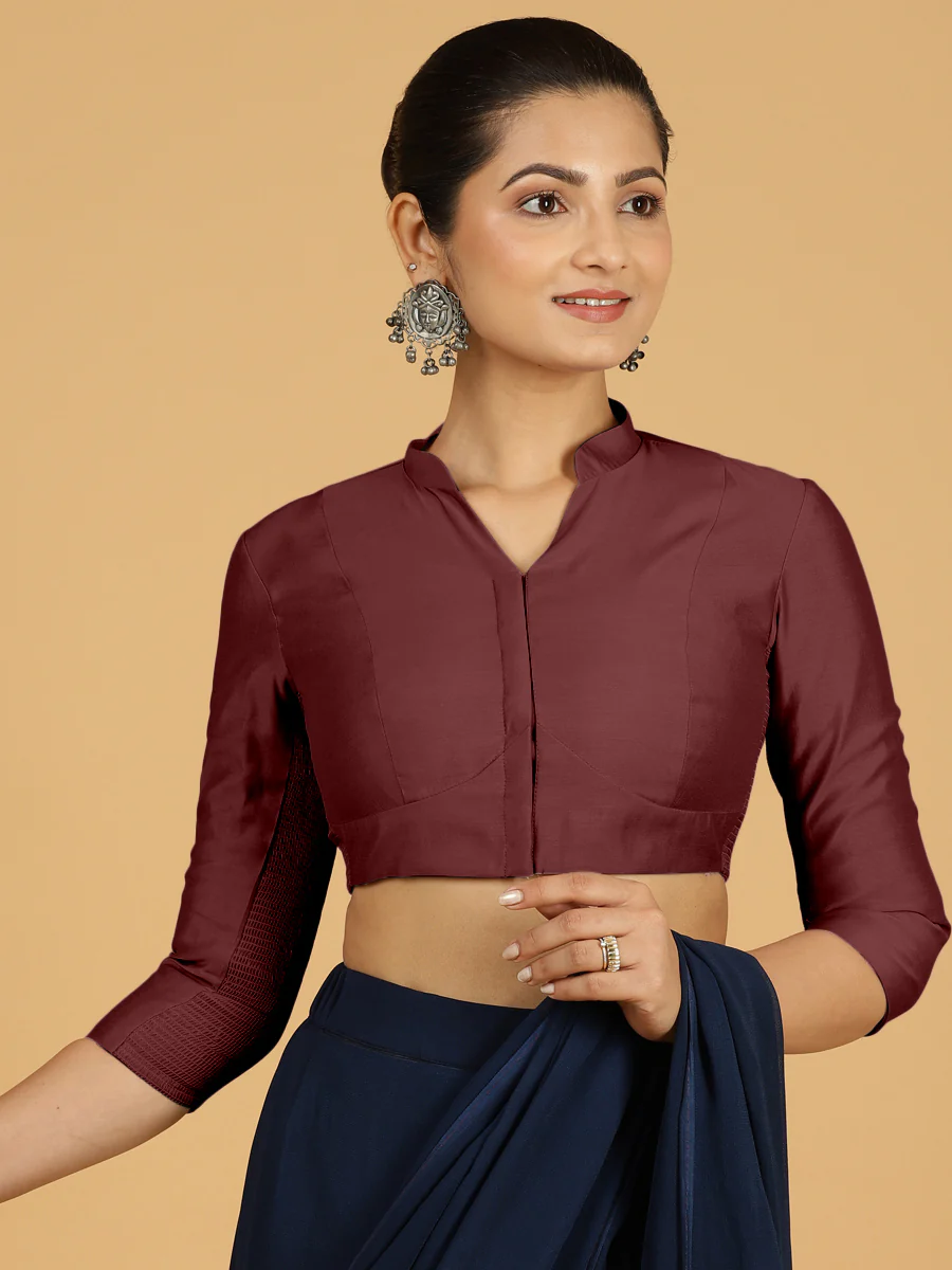 Maya x Rozaana | Three Quarter Sleeves Saree Blouse in Deep Maroon - Image 6