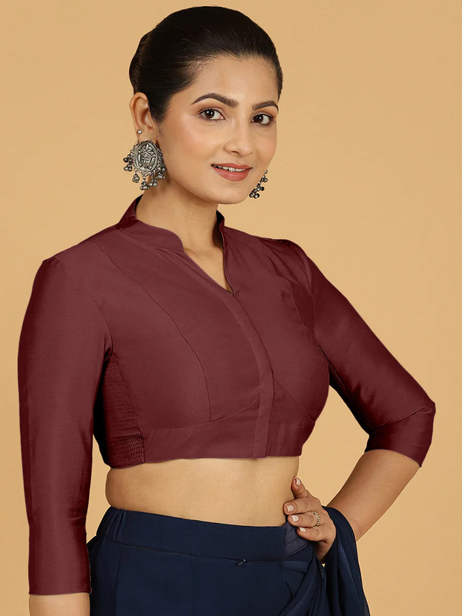 Maya x Rozaana | Three Quarter Sleeves Saree Blouse in Deep Maroon - Image 7