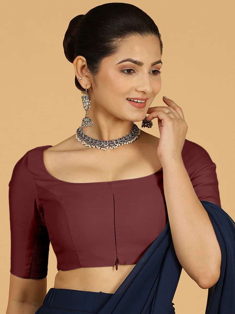 Nidhi x Rozaana | Elbow Sleeves Saree Blouse in Deep Maroon - Image 7