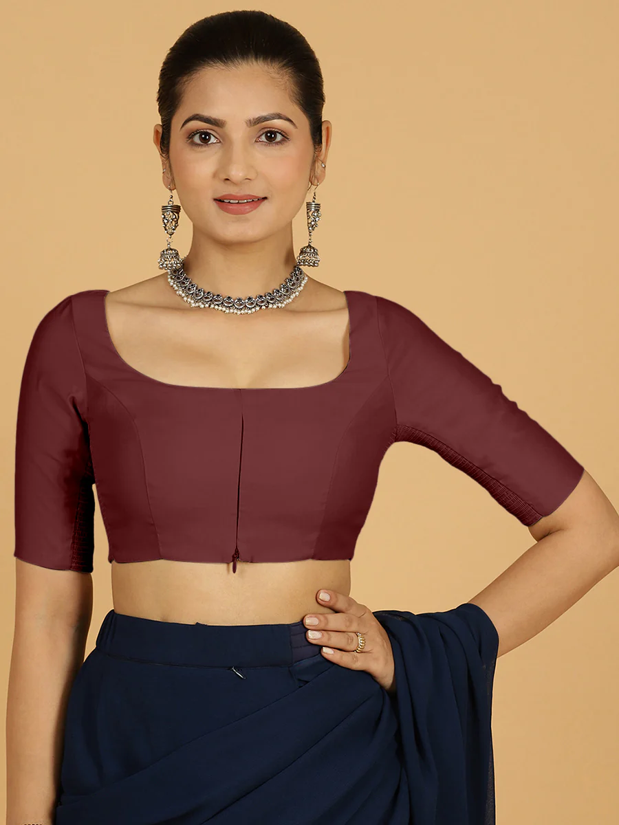 Nidhi x Rozaana | Elbow Sleeves Saree Blouse in Deep Maroon - Image 9