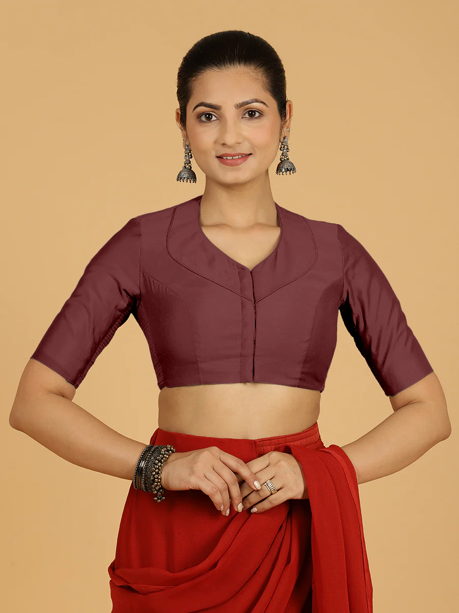 Pallavi x Rozaana | Elbow Sleeves Saree Blouse in Deep Maroon - Image 10