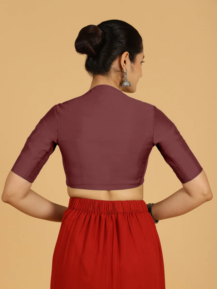 Pallavi x Rozaana | Elbow Sleeves Saree Blouse in Deep Maroon - Image 2