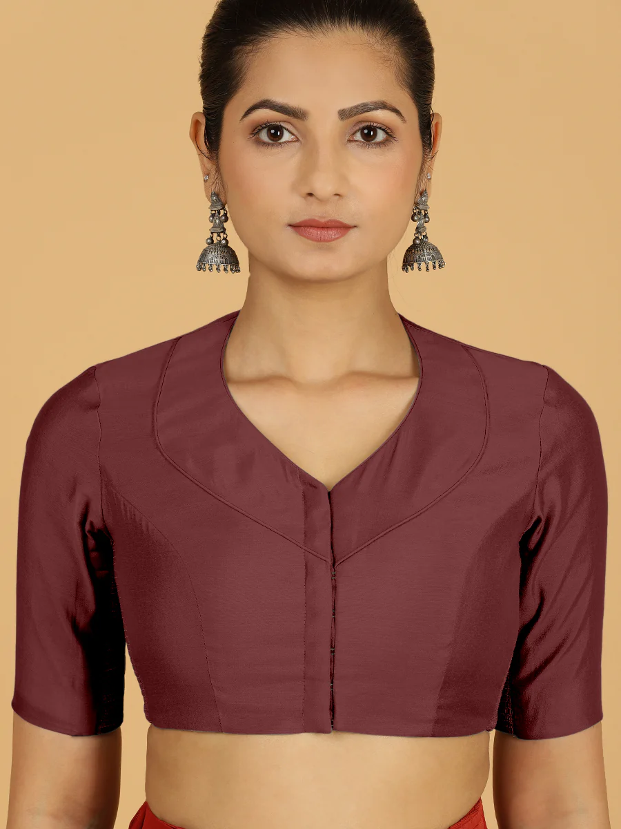 Pallavi x Rozaana | Elbow Sleeves Saree Blouse in Deep Maroon - Image 4