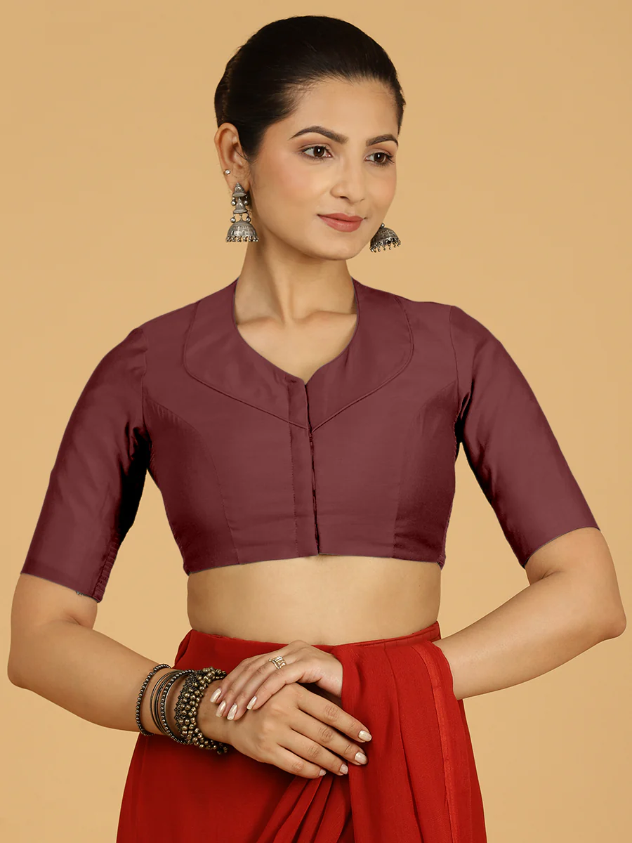 Pallavi x Rozaana | Elbow Sleeves Saree Blouse in Deep Maroon - Image 7