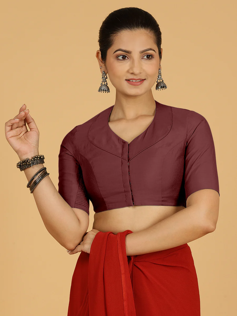 Pallavi x Rozaana | Elbow Sleeves Saree Blouse in Deep Maroon - Image 9