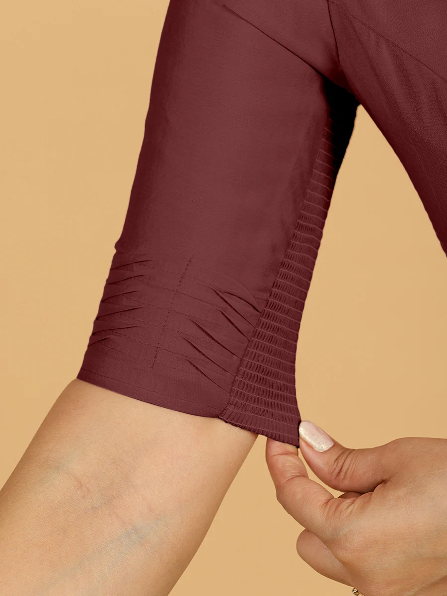 Salma x Rozaana | Elbow Sleeves Saree Blouse in Deep Maroon - Image 4