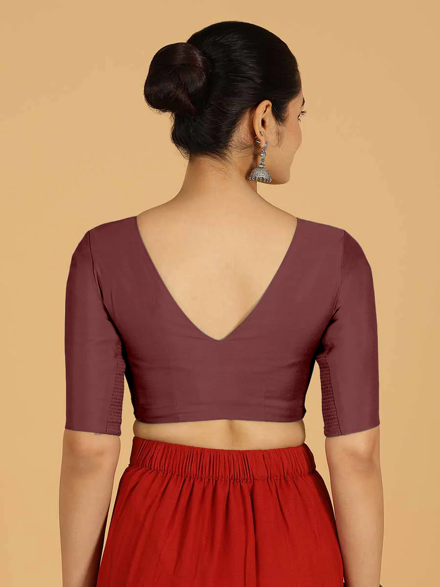 Shabana x Rozaana | Elbow Sleeves Saree Blouse in Deep Maroon - Image 2