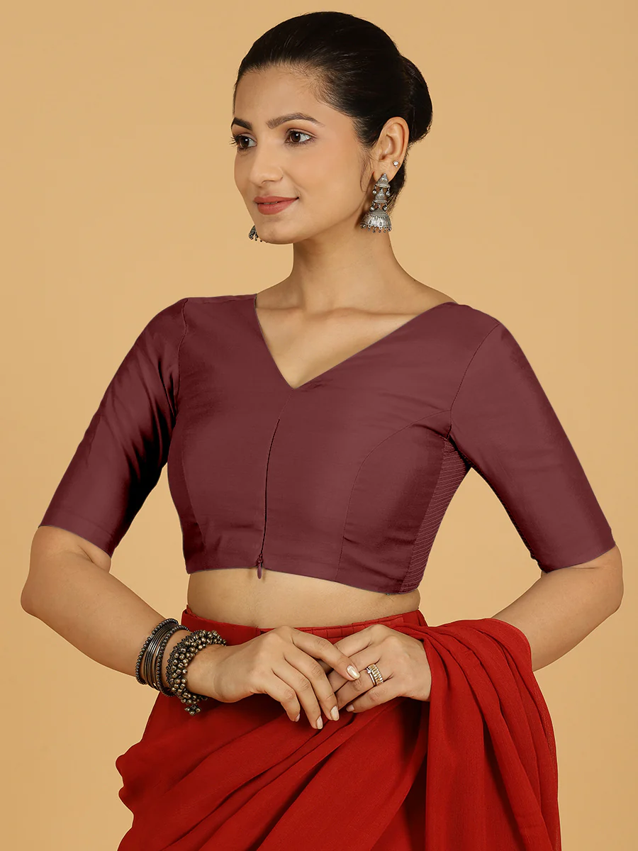 Shabana x Rozaana | Elbow Sleeves Saree Blouse in Deep Maroon - Image 6