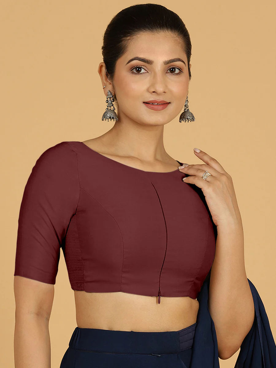 Sushma x Rozaana | Regular Sleeves Saree Blouse in Deep Maroon - Image 8