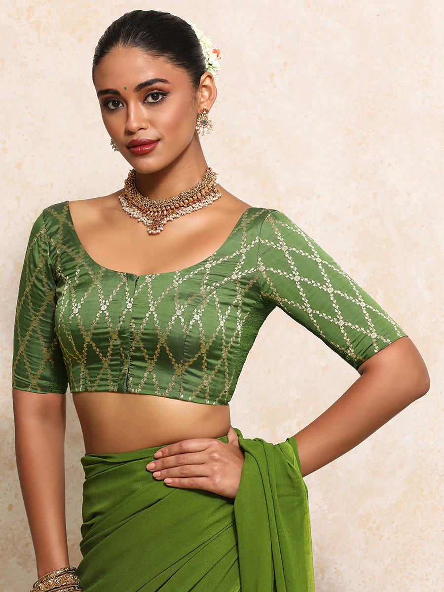 Kumkum x Tyohaar | Elbow Sleeves Saree Blouse in Deep Olive Vine Mesh Brocade - Image 7